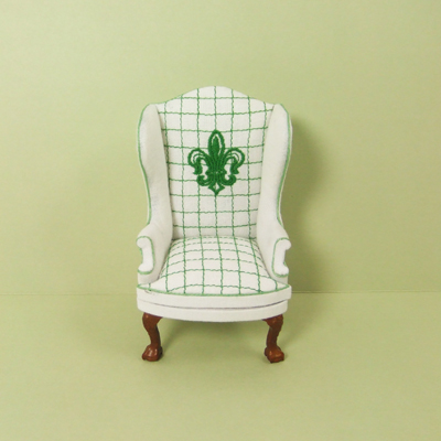 HN-01, White fabric w/ green embroidery Wingback Chair 1" scale
